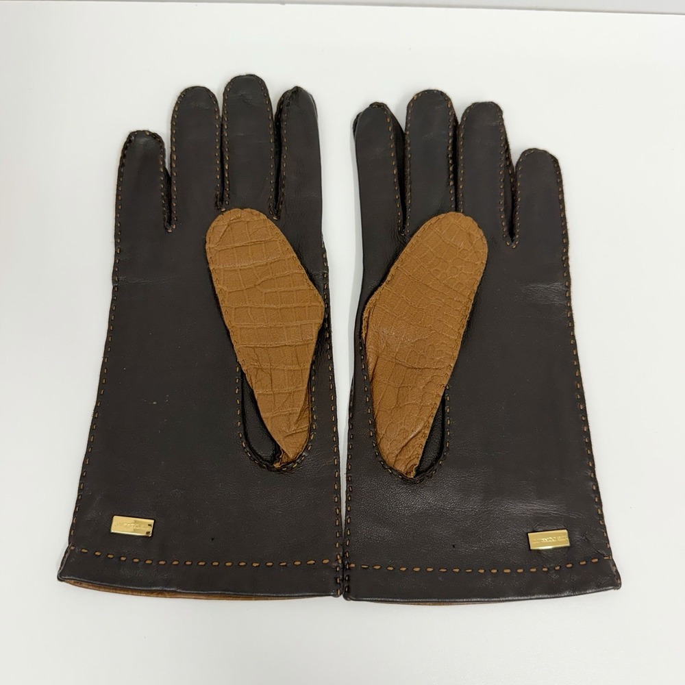 Vintage Les Copains Leather Gloves Dark Brown & Tan Lined in Silk Size 8